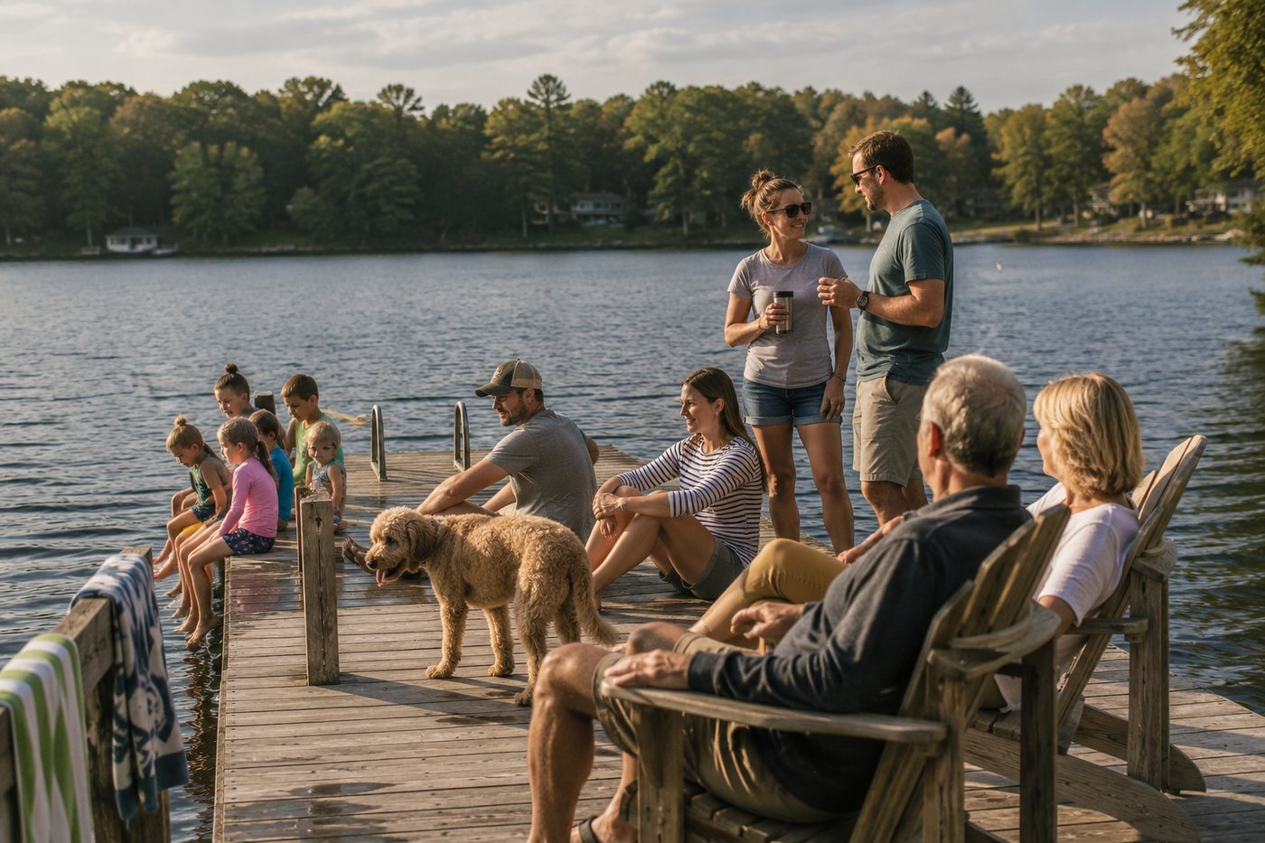 Three generations of the family together on the dock at the lake