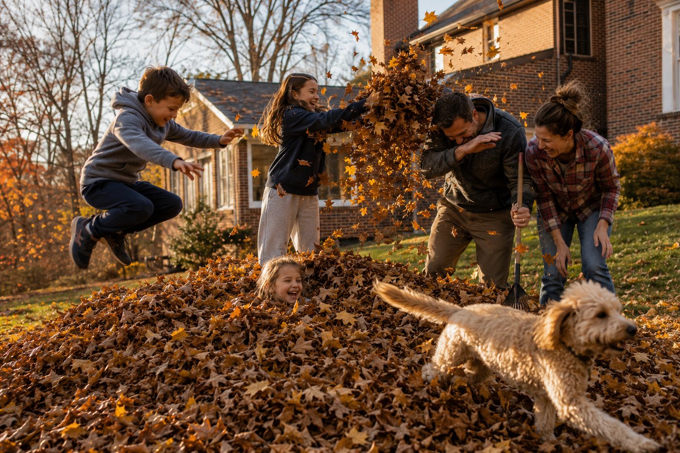 Max and Joy and their kids playing in a pile of leaves in the yard