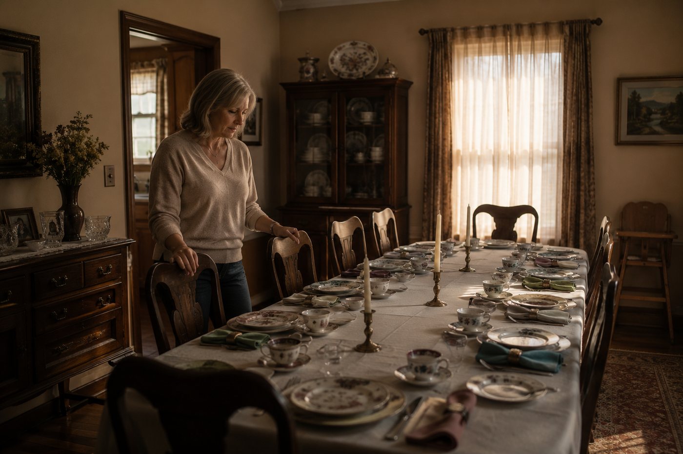 Ruth setting the family table with the good china